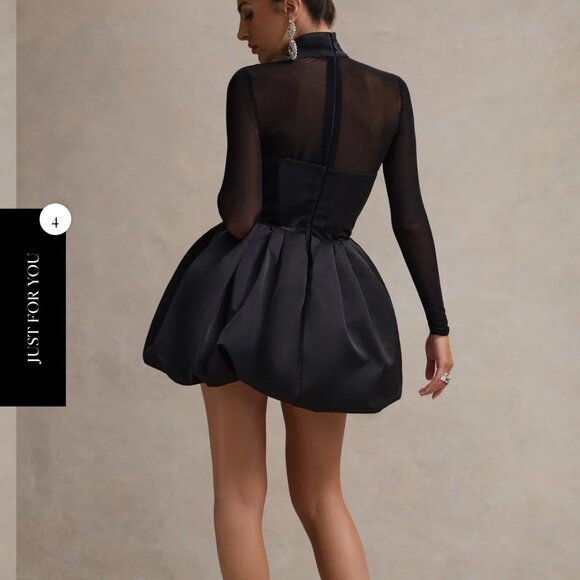 Black Satin High-Neck Mini Dress with Sheer Sleeves - Picture 4 of 4